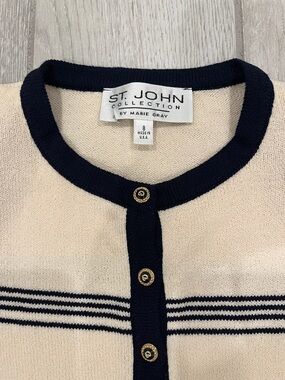 St. John Collection Cream Cardigan with Navy Blue Striped Trim-